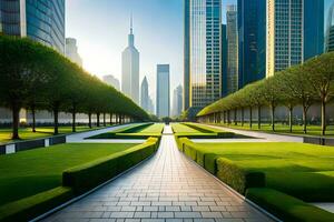 ai generado un paisaje urbano con un parque y un pasarela foto