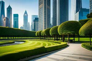 ai generado un paisaje urbano con un parque y un pasarela foto