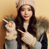 AI generated Beautiful asian person wearing winter clothes pointing information index hand photo