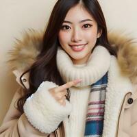 AI generated Beautiful asian person wearing winter clothes pointing information index hand photo
