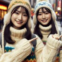 AI generated Beautiful asian person wearing winter clothes pointing information index hand photo