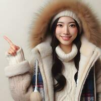 AI generated Beautiful asian person wearing winter clothes pointing information index hand photo