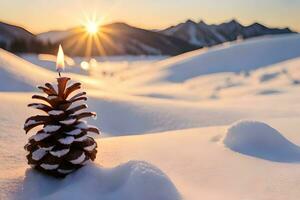 AI generated a candle and pine cones sit on a snowy ground photo