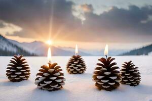 ai generado Tres pino conos con velas en el nieve foto