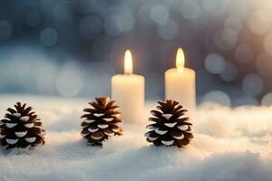 AI generated a candle and pine cones sit on a snowy ground photo