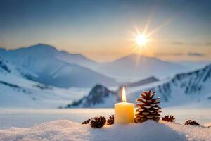 AI generated three pine cones with candles in the snow photo