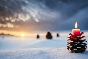 AI generated three pine cones with candles in the snow photo