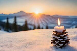 AI generated a candle and pine cones sit on a snowy ground photo