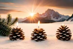 AI generated three pine cones with candles in the snow photo