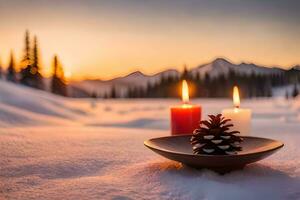 AI generated three pine cones with candles in the snow photo