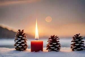 AI generated a candle and pine cones sit on a snowy ground photo