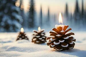 AI generated a candle and pine cones sit on a snowy ground photo