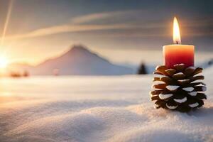 AI generated a candle and pine cones sit on a snowy ground photo
