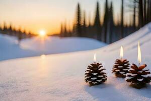 AI generated three pine cones with candles in the snow photo