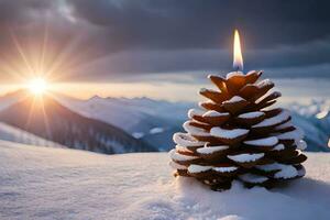 ai generado Tres pino conos con velas en el nieve foto