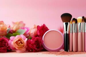 AI generated cosmetics makeup tools and accessory Fashion concept background copy space AI Generated photo