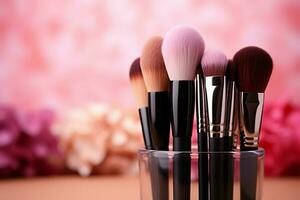 AI generated cosmetics makeup tools and accessory Fashion concept background copy space AI Generated photo