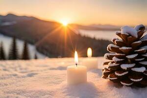 AI generated a candle is lit in the snow with pine cones photo