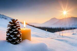 AI generated a candle is lit in the snow with pine cones photo