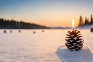 AI generated a candle is lit in the snow with pine cones photo