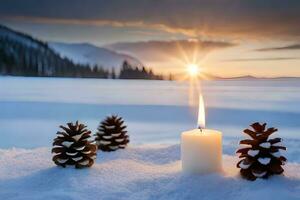 AI generated a candle is lit in the snow with pine cones photo