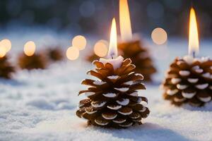 AI generated a candle is lit in the snow with pine cones photo