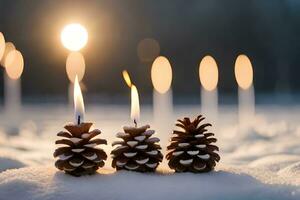 AI generated a candle is lit in the snow with pine cones photo