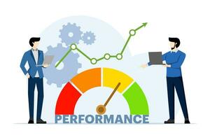 concepto de actuación evaluación o cliente comentario, crédito Puntuación o satisfacción medición, calidad controlar o mejora, empresario analizando negocio actuación indicadores. vector