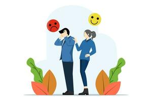 concept of character support to a friend who is depressed, keeping palm on his shoulder. people feel stress, loneliness, anxiety. Vector illustration for counseling, empathy, psychotherapy, friendship
