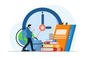 concept of returning to work, bags and books, office, business people, education, rest time is over, business people return to work after finishing their break. flat vector illustration on background.