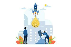 Concept of many ideas for starting a business. The process of starting a business project, ideas through planning and strategy, time management. an idea carried by many rockets. vector illustration.