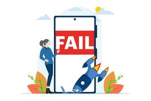 Concept of Failed to start a business. Missing the target, spinning arrow, space rocket launch business failure metaphor. Failed businessman. Modern flat cartoon style. Vector illustration.