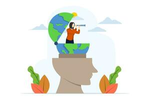 concept of looking at world economic or business opportunities, business people standing on globe using telescope to see future vision or opportunities. Globalization, global business vision. vector