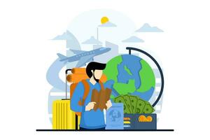 tour concept. The character will take a tour with a map. Cartoon characters planning trips, trips and tourist vacations. tourist equipment near giant map with routes, flat vector illustration.