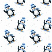 Seamless watercolor pattern with cute waving penguin in hat and scarf in winter. Endless pattern for textiles or fabric for newborns. vector