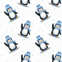 Seamless watercolor pattern with cute waving penguin in hat and scarf in winter. Endless pattern for textiles or fabric for newborns. vector