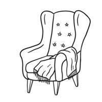 Outline cozy armchair with blanket. Hand drawn line doodle illustration isolated on white vector