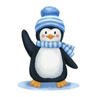 Cute penguin in hat and scarf waves hand. Childish hand drawn watercolor character isolated on white background. vector