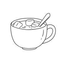 Hot chocolate or cocoa with marshmallow in cup. Hand drawn outline illustration isolated on white background vector