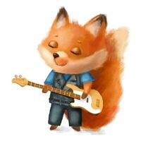 Cool fox in jacket and jeans plays bass guitar. Hand Drawn art in cartoon style. Illustration isolated on white background vector