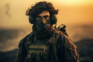 AI generated Portrait of a special forces soldier in a gas mask on the background of the sunset, A geared-up army soldier stands and looks at the battlefield, battlefield background, face photo