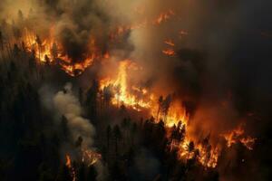 AI generated Forest fire. Burning dry grass and trees in the smoke. Natural disaster, Aerial view of a burning forest, Wildfire, global warming and climate change concept, AI Generated photo