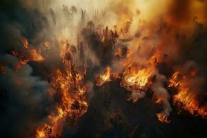 AI generated Burning forest during a fire in the mountains in the summer, Aerial view of a burning forest, Wildfire, global warming and climate change concept, AI Generated photo