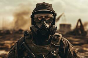 AI generated Portrait of a special forces soldier in a gas mask on the battlefield, A geared-up army soldier stands and looks at the battlefield, battlefield background, face covered with a mask photo