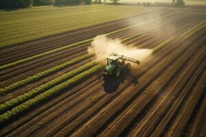 ai generado aéreo ver de el tractor trabajando en el grande trigo campo, aéreo ver de un tractor fertilizante un cultivado agrícola campo, ai generado foto