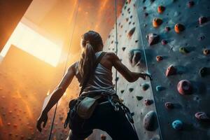 AI generated Young woman climbing on artificial wall indoors. Sport and bouldering concept, Active young sporty woman practicing rock climbing on indoor climbing wall, AI Generated photo