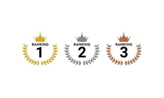 first, second and third place icon medal awards with laurel and crown vector