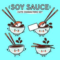 Funny cute happy Bowl of soy sauce characters bundle set. Vector hand drawn doodle style cartoon character. Isolated on blue background. Bowl of soy sauce character collection