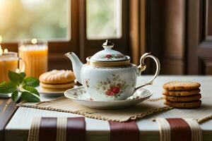 AI generated a blue teapot and a strawberry cake on a wooden table photo