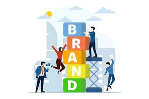 Concept of building branding or brand awareness, marketing or advertising for company reputation, strategy to promote products or strategies, business people help building blocks with the word BRAND. vector